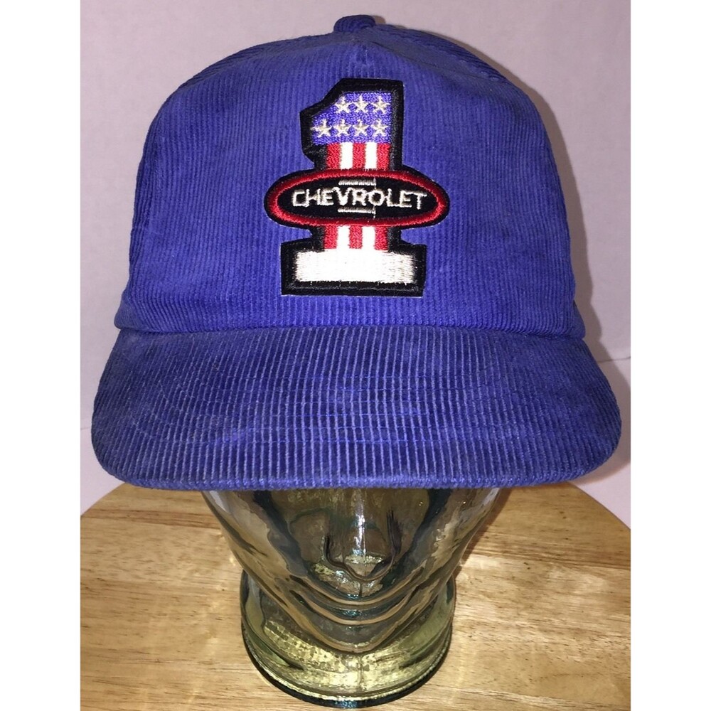 VTG Chevrolet #1 Stars Stripes Blue Corduroy Hat Cap Snapback DISTRESSED WORN